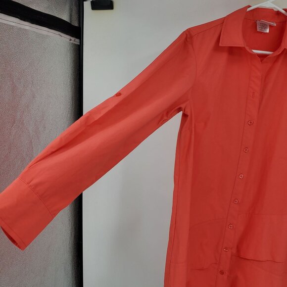 Finley Coral Button Up Long Convertible Sleeve Ruffle Collared Shirt Dress Mediu - Picture 4 of 10